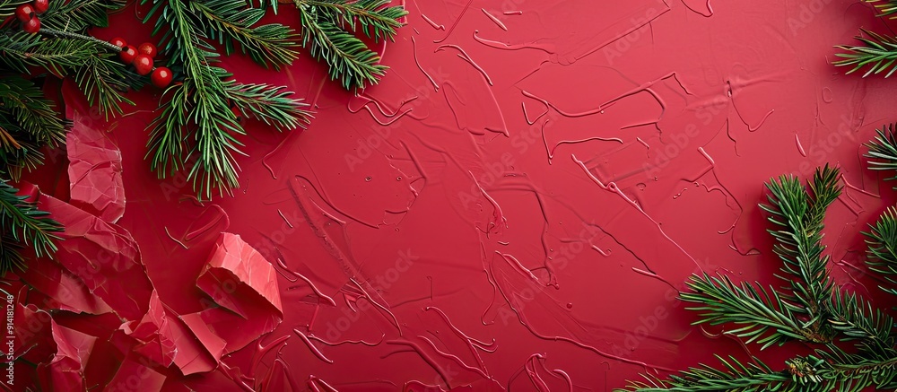 Poster Holiday themed background featuring red paper and tree branches allowing room for text on a copy space image