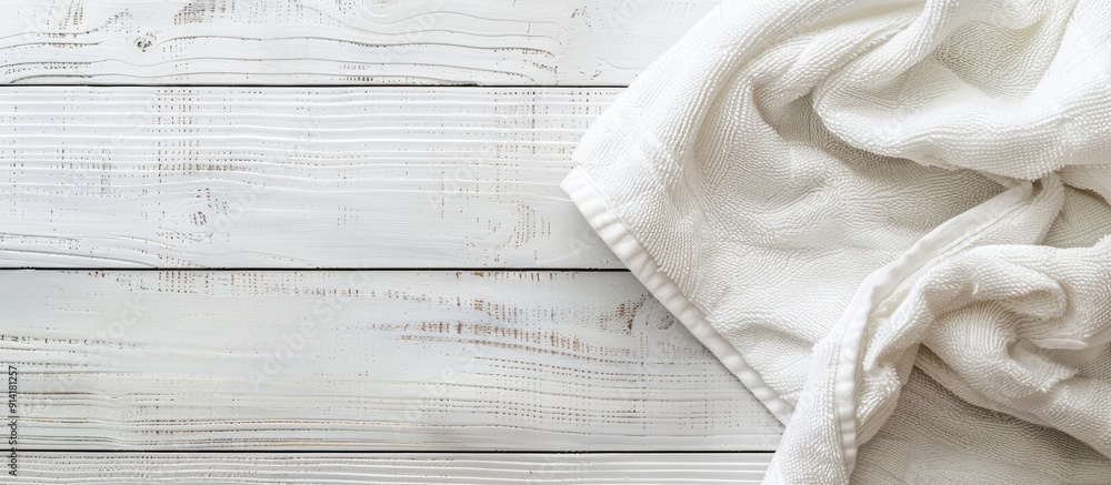 Poster white wooden surface showcasing a towel with copy space image