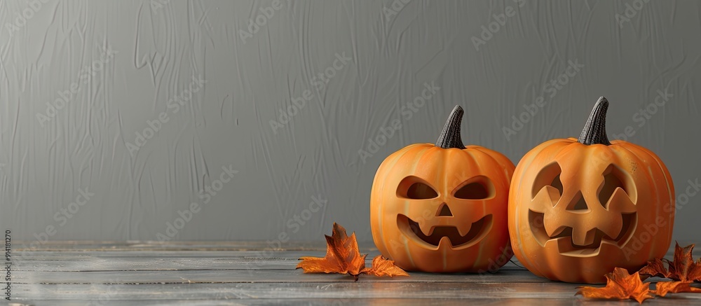 Aufkleber halloween pumpkins on a wooden table with a grey background providing ample copy space for an image