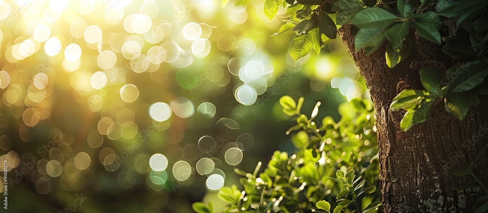 Poster the photograph captures a refreshing warm feeling with green and white circular bokeh around a tree 