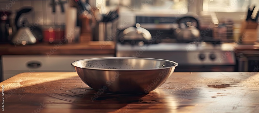 Aufkleber empty pan placed on a table with copy space image in the background