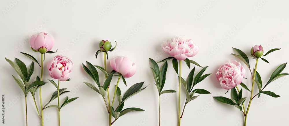 Aufkleber white background displays five pink peonies with short stems and lush green leaves in a serene image