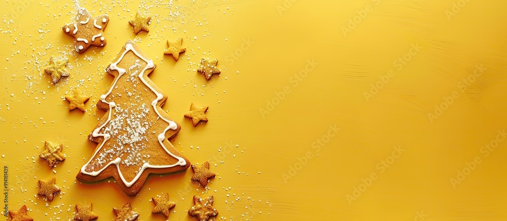 Sticker top view of a gingerbread christmas tree displayed on a yellow background with ample copy space imag