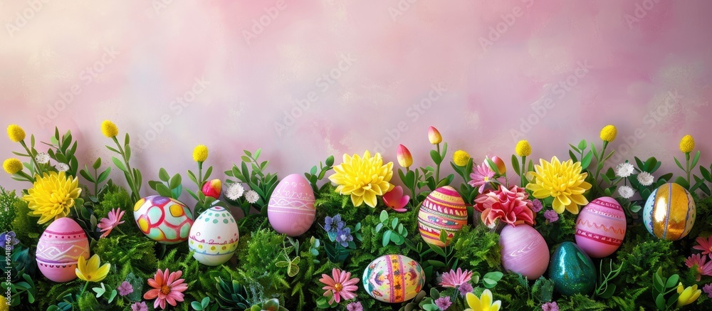 Poster Easter decorations featuring a colorful display of Easter eggs boxwood and flowers creating an inviting springtime ambiance with a copy space image