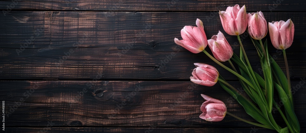 Poster pink tulips displayed on a dark wooden backdrop with copy space image