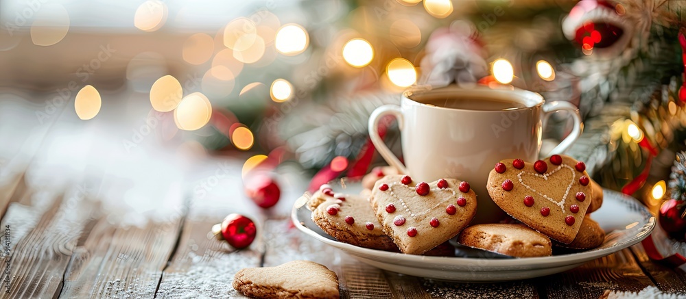 Aufkleber heart shaped cookies with christmas decorations and a cup of coffee on a table set against a festive