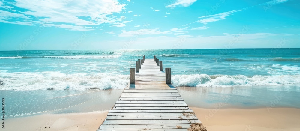 Poster a wooden pier on the beach with clear space for an image. creative banner. copyspace image