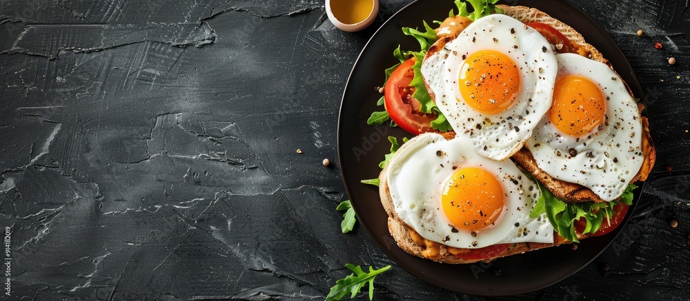 Poster top view of a sandwich with fried eggs on a plate placed on a black desk with copy space for text in