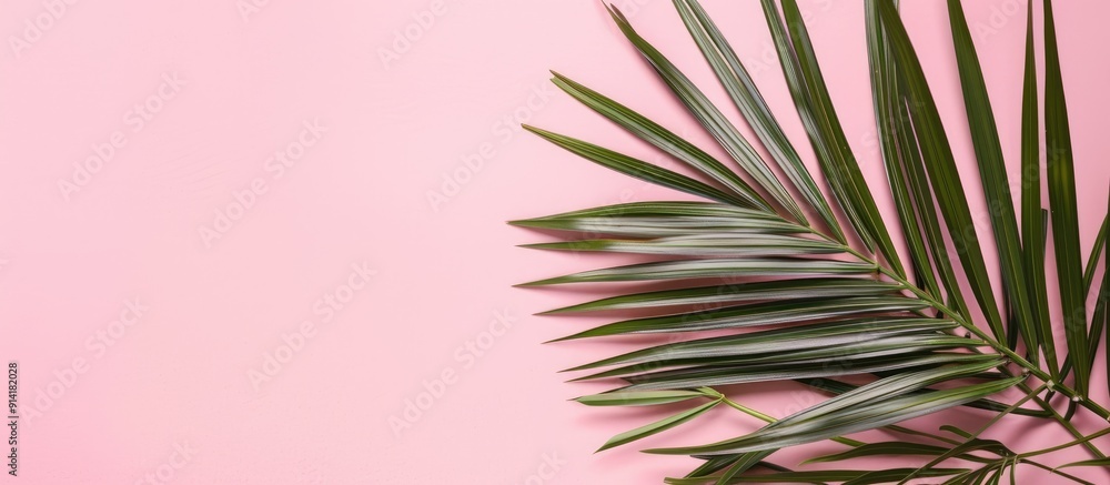 Poster top view image of a palm tree leaf on a pink background with space beside for text or product displa