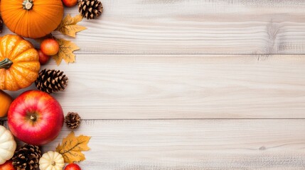 A vibrant arrangement of various pumpkins and apples, surrounded by autumn leaves, showcasing the essence of fall on a weathered wooden surface