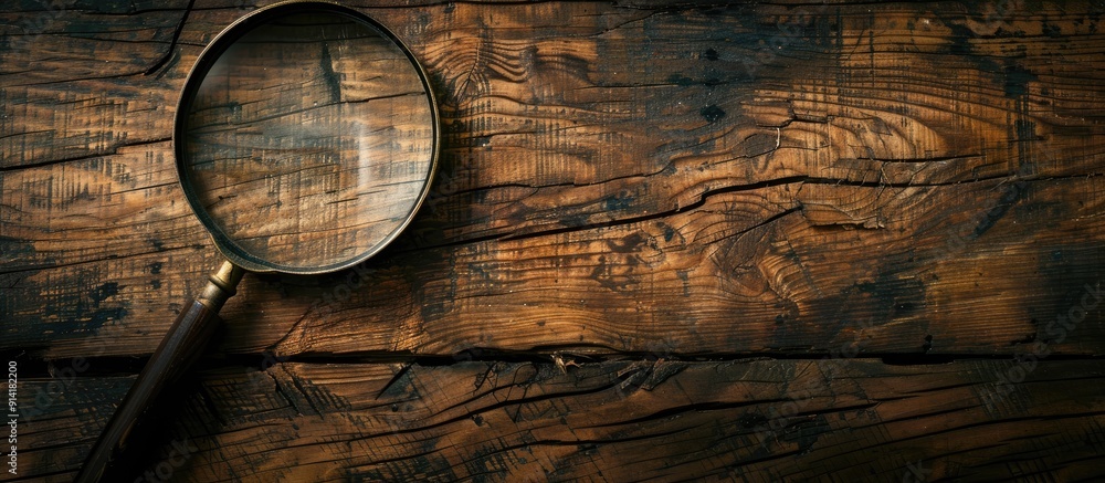 Poster magnifying glass placed on a wooden table ideal for a copy space image