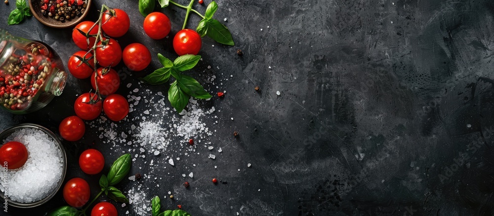Poster materials to prepare cherry tomatoes salt herbs and spices displayed on a dark concrete backdrop wit