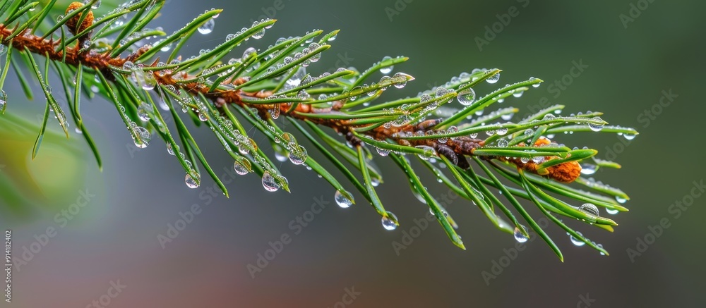 Poster A pine branch adorned with dew droplets offering a blank area for additional content in the image