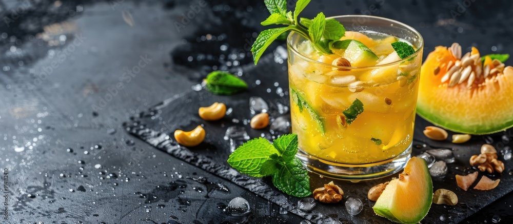 Poster a yellow melon and a fruity drink garnished with mint and nuts on a black backdrop perfect for summe