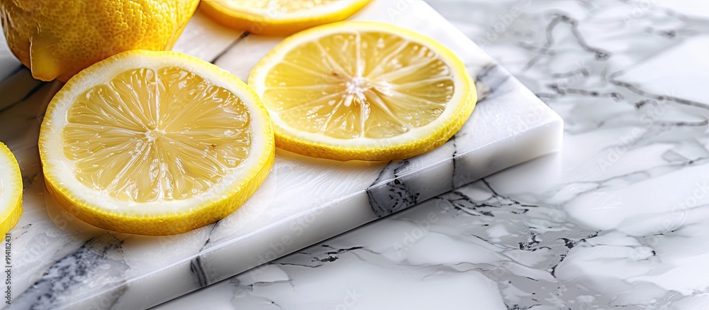 Poster Marbled cutting board with lemon slices Ample copy space image for text highlighting Vitamin C benefits in the fruit