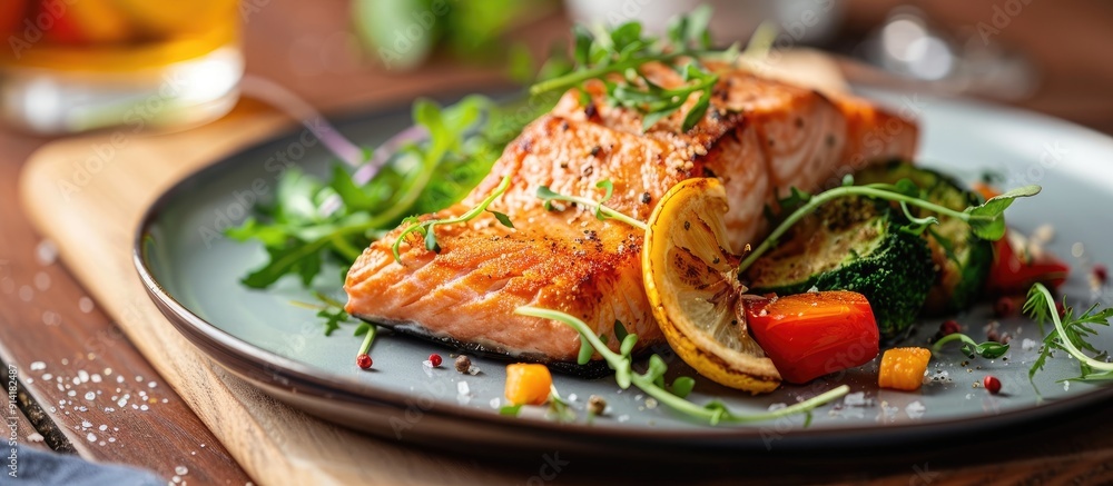 Poster salmon with a side of vegetables creatively plated on a dish with copy space image