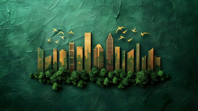 A cityscape with a green background and a lot of trees - Powered by Adobe