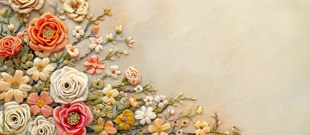 Poster Embroidered flowers on a background suitable for adding text or images known as a copy space image