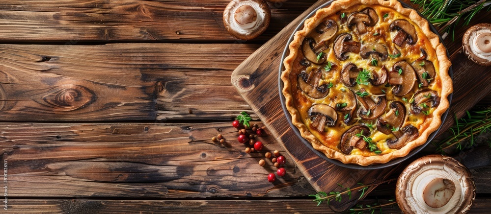 Fototapete tasty mushroom quiche on a wooden table top view for text on a copy space image