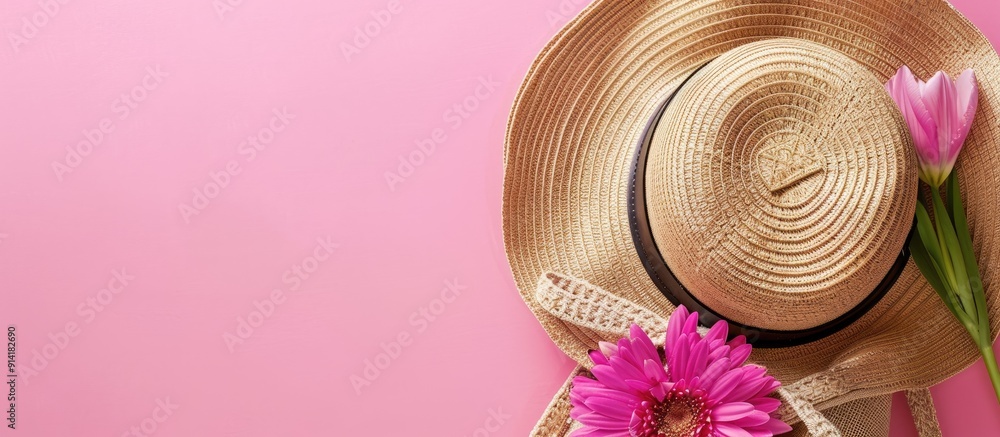 Poster Top view of a summer straw hat a flower and a straw bag on a pink background with copy space image available
