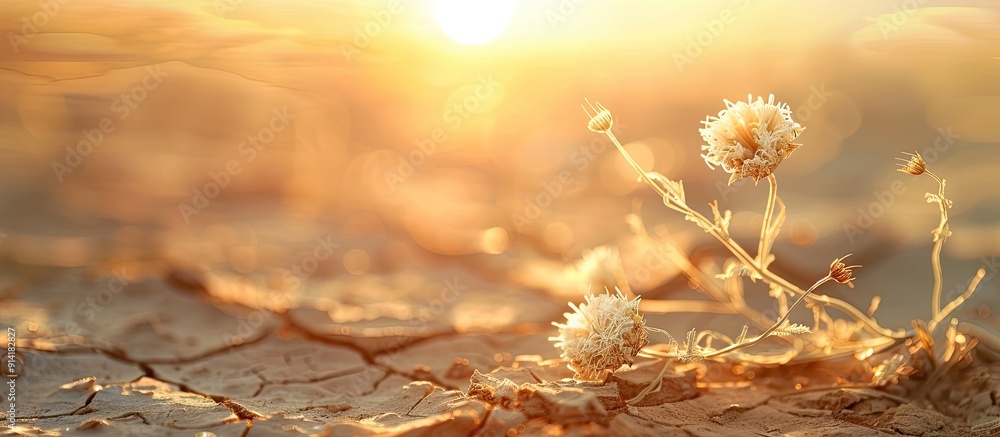 Poster The dry ground causes the grass flowers to wither illustrating the concept of a drought with a background suitable for inserting text or images known as copy space image