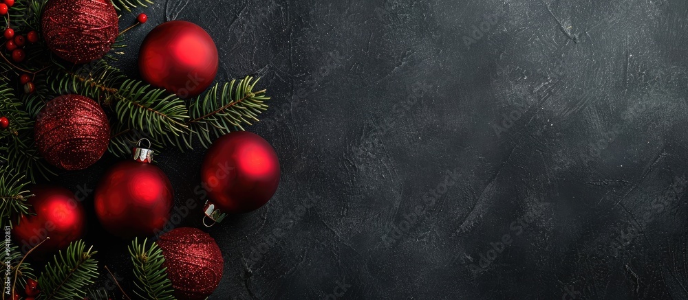 Poster red christmas balls green fir twig on dark gray backdrop suitable for cards with blank space for ima