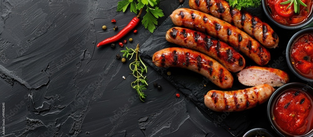 Aufkleber top view of homemade grilled sausages on a black background with tomato sauce and herbs allowing for