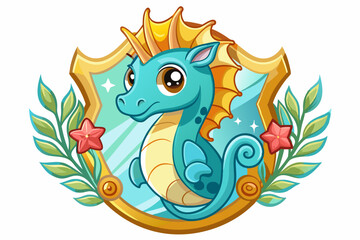 Cartoon Seahorse with Crown in Golden Frame and Floral Decoration
