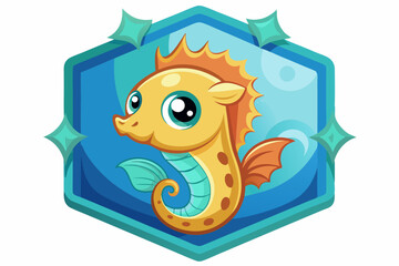 A Cartoon Seahorse with Big Eyes and a Crown in a Hexagon Frame