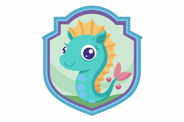 Cartoon Seahorse with Big Eyes in a Blue and Purple Frame
