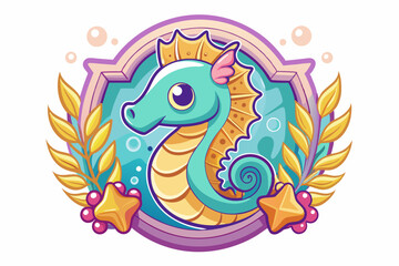Cartoon Sea Horse with a Crown in a Circular Frame with Starfish and Leaves