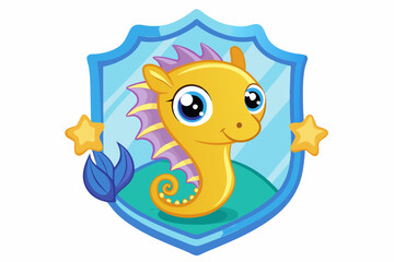 Cartoon Seahorse with Blue Shield and Stars