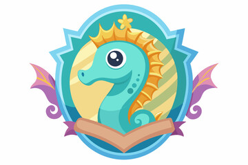 Cartoon Seahorse with Crown in Oval Frame
