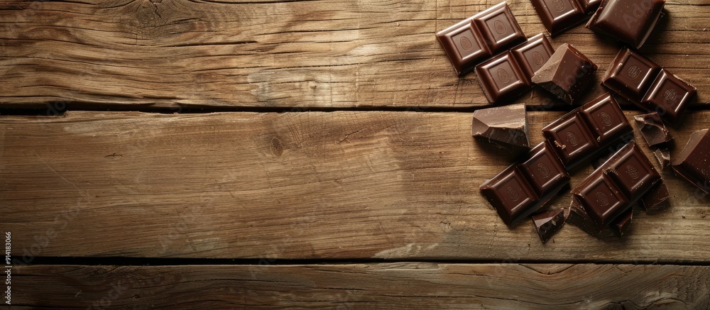 Aufkleber mouthwatering milk chocolate on rustic wooden surface arranged from above for text placement ample c