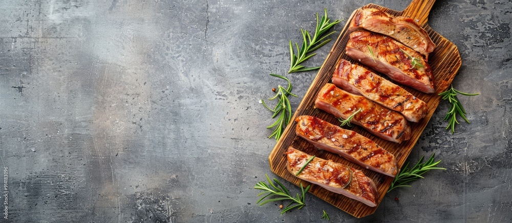 Aufkleber Top view of sliced grilled pork chop or T bone steak on a wooden board set against a gray background with available copy space image