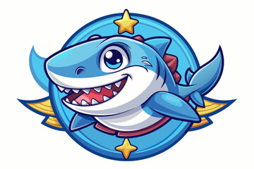 Cartoon Shark Mascot With Stars and Blue Oval Background