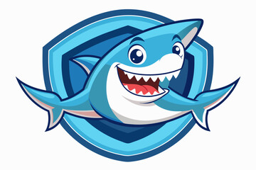 Cartoon Smiling Shark in a Blue Shield