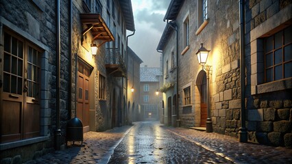 Obraz premium Narrow, winding streets of an old European village with rain-soaked cobblestones reflecting street lamps.