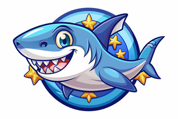 Cartoon Smiling Blue Shark with Stars in a Circle