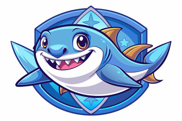 Cheerful Blue Shark Character with Star-Emblazoned Surfboard