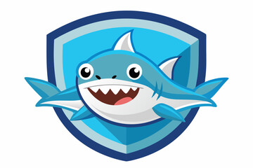 Smiling Blue Shark Inside a Shield-Shaped Logo