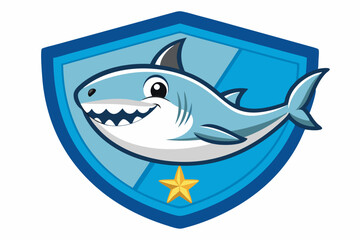 Smiling Cartoon Shark Inside Blue Shield with Star