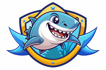 Cartoon Shark with Sharp Teeth Smiling Inside a Shield with Stars