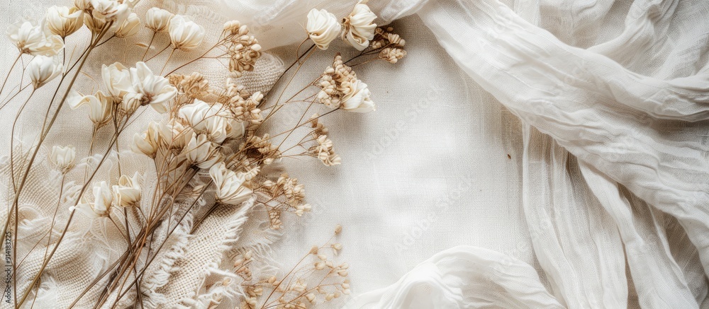 Poster vintage wedding invitations featuring dried flowers on a rustic textile background displayed from an
