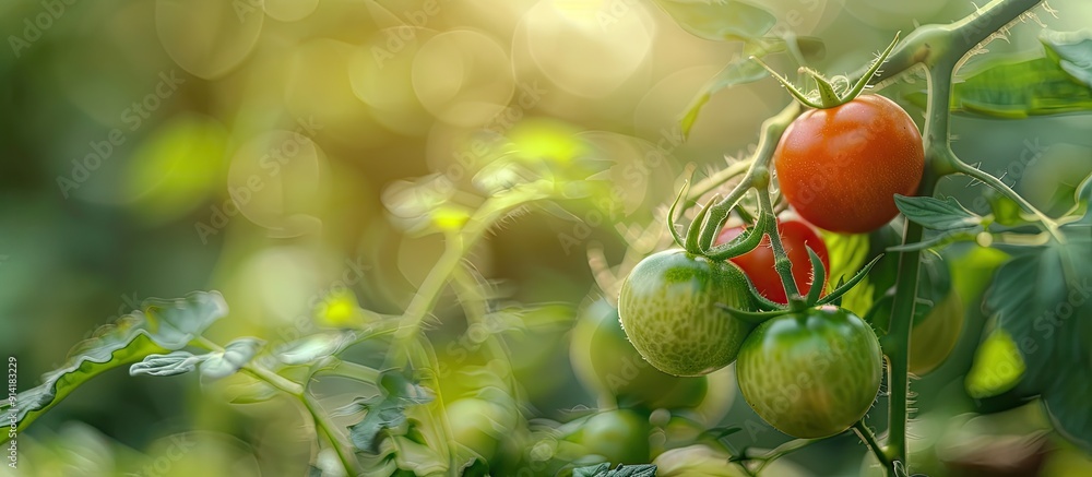 Aufkleber Natural red and green tomatoes on a branch in a homemade greenhouse with a blurry background ideal for your advertising text with copy space image