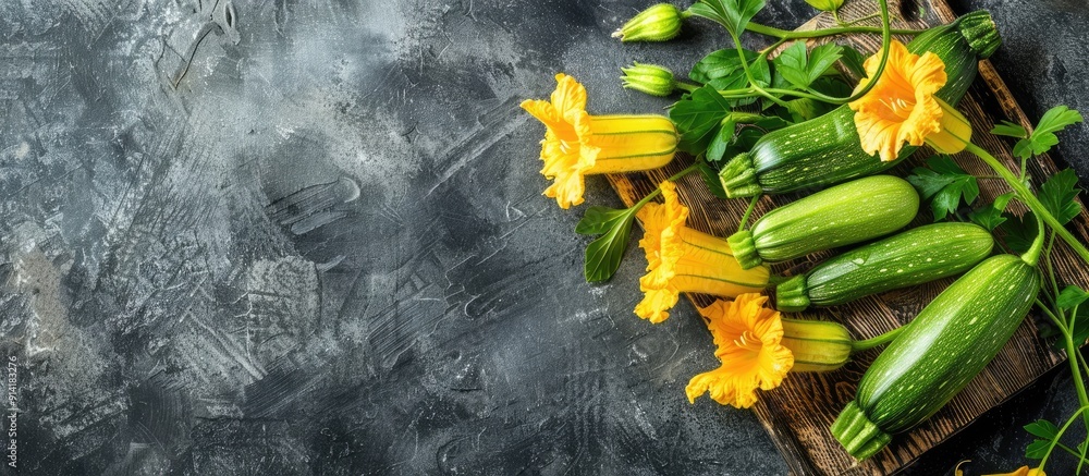 Aufkleber Zucchinis and their flowers are arranged on a chopping board against a rustic backdrop in a top view shot with copy space image available