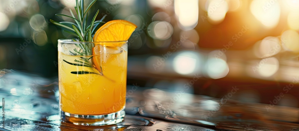Aufkleber glass of citrus drink with rosemary garnish on a restaurant table with copy space image bar party re
