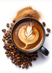 Coffee Mug and Grinded Coffee Beans Concept Photography Isolated on White Background