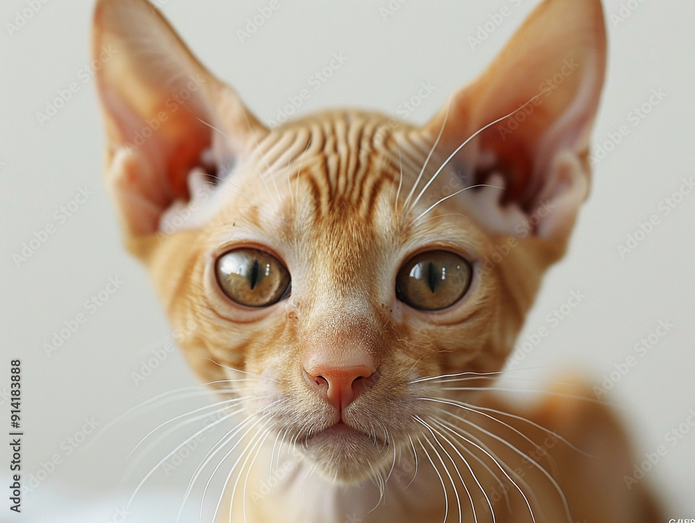 Poster curious devon rex cat staring directly at the camera in soft light