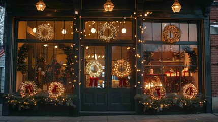 Obraz premium A storefront window decorated with elegant white lights and festive wreaths